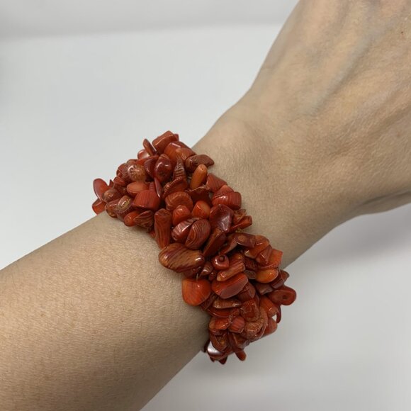 Jewelry - Red Sciacca Coral Chip Beaded Stretch Cuff Bracelet